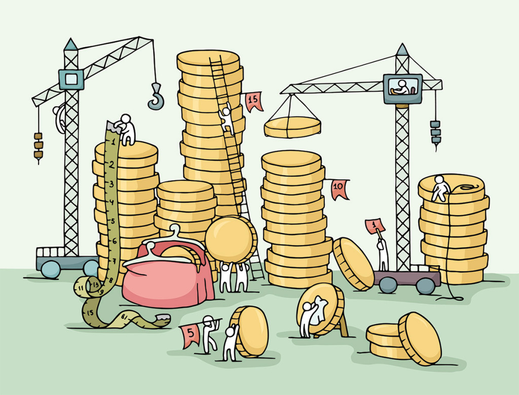 Dibujo de personas apilando monedas con equipo de construccción